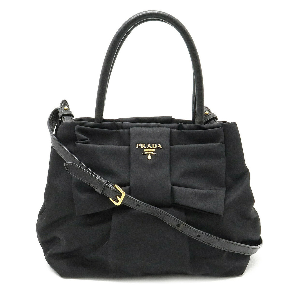 Prada Ribbon Handbag Crossbody Bag Leather NERO Black